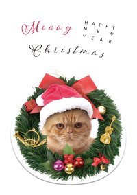 クリスマスカード　リースに猫　◇ゆうパケット発送可